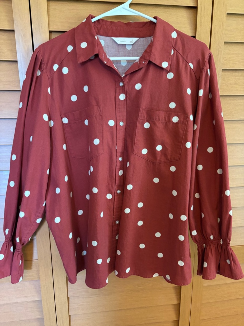 Lauren Conrad Polka  Dot Button-Up Blouse in Rust and Cream
